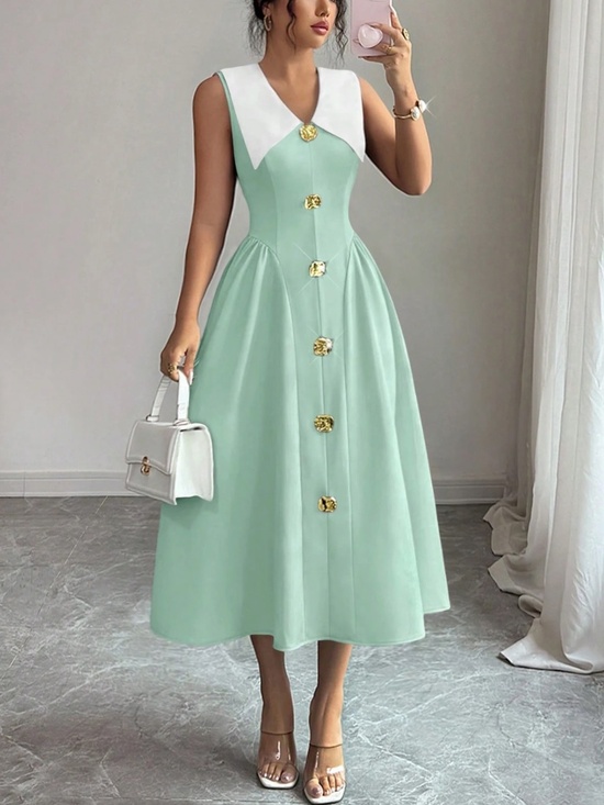 Dresses & Skirts - Luxe Solid Button Detail Wide Collar Flared High Waisted Dress
